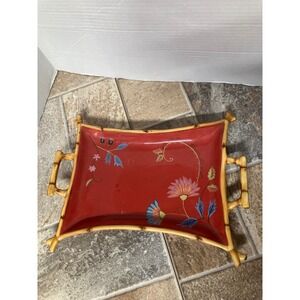 Tracy Porter Hand Painted Red Floral Bamboo Tray Dish Serving Platter